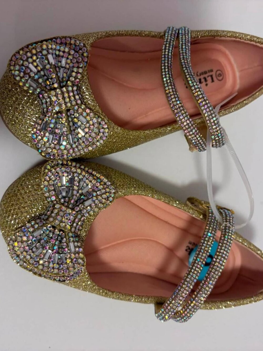 Little Girls Gold Glitter Rhinestone Bow Mary Jane Dress Shoe